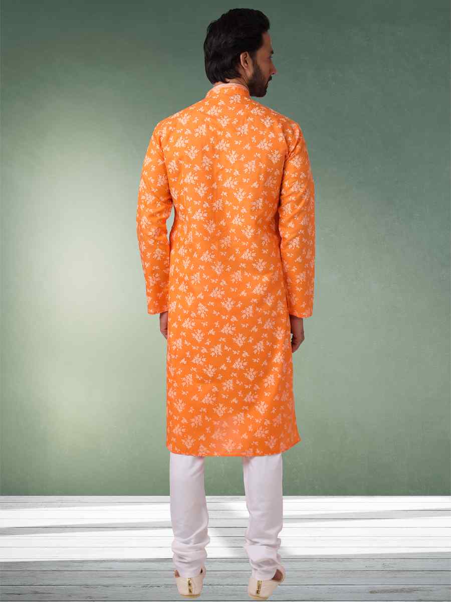 Orange Hand Loomed In Rich Yarns Of Cotton Printed Festival Wedding Kurta