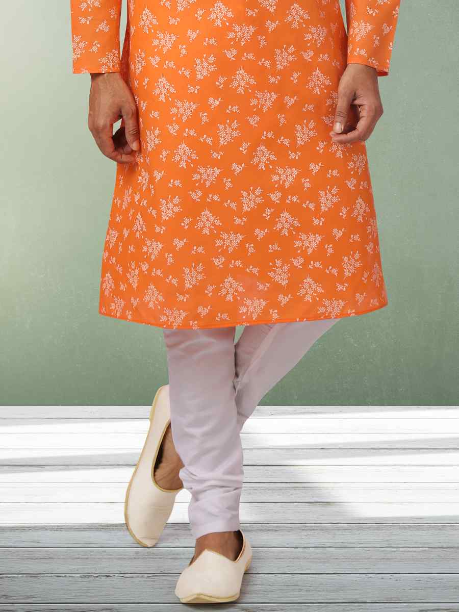 Orange Hand Loomed In Rich Yarns Of Cotton Printed Festival Wedding Kurta