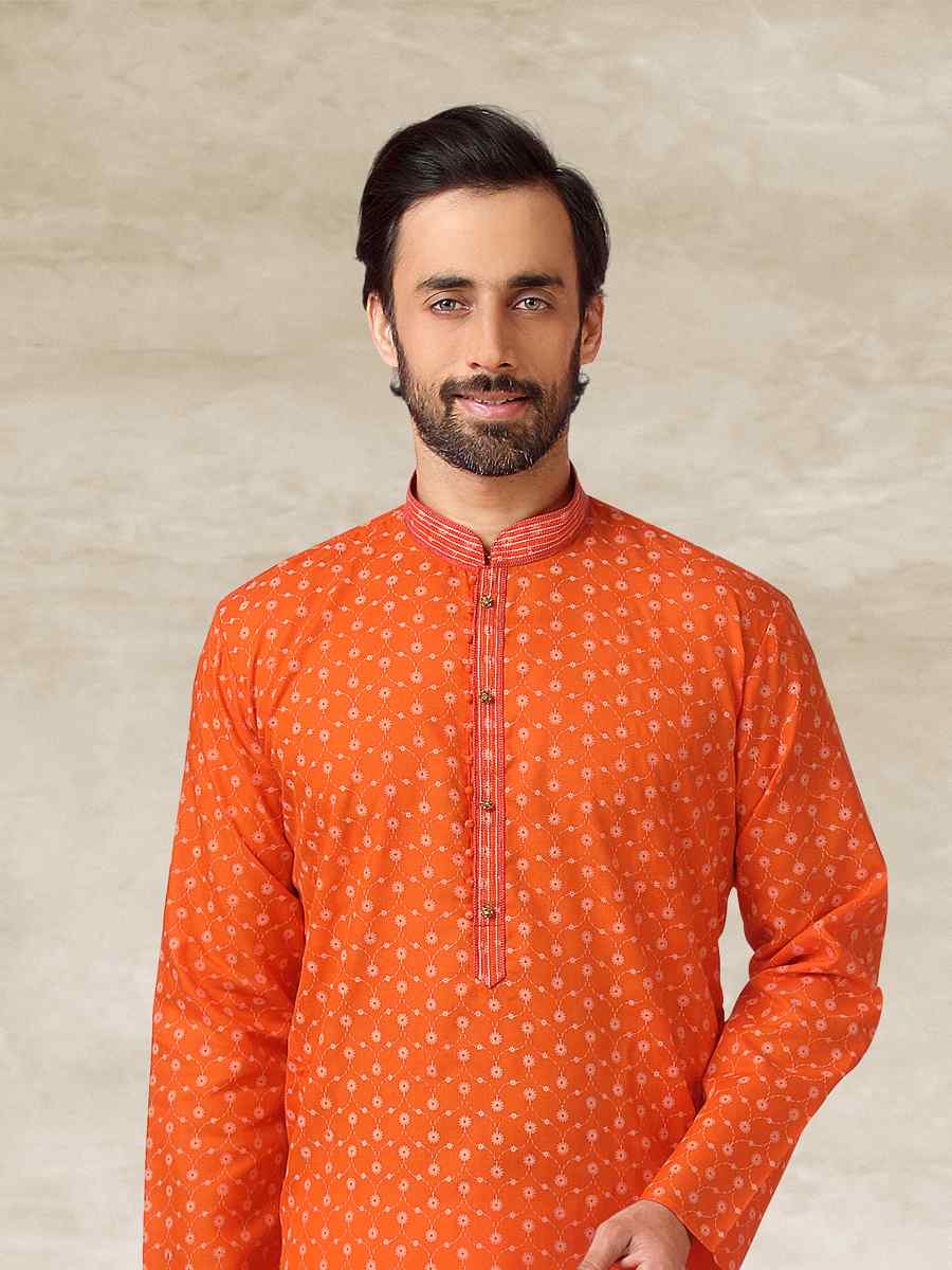 Orange Hand Loomed In Rich Yarns Of Cotton Printed Party Wedding Kurta