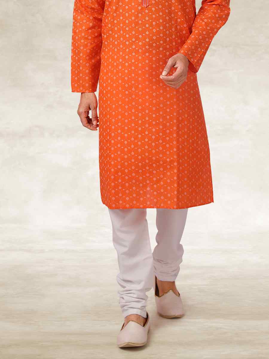 Orange Hand Loomed In Rich Yarns Of Cotton Printed Party Wedding Kurta
