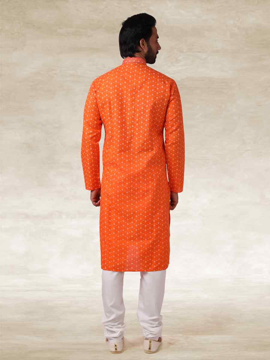 Orange Hand Loomed In Rich Yarns Of Cotton Printed Party Wedding Kurta