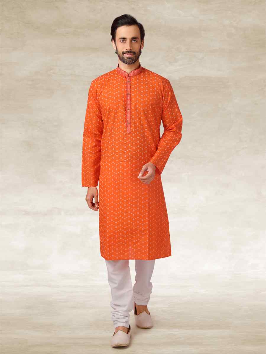 Orange Hand Loomed In Rich Yarns Of Cotton Printed Party Wedding Kurta