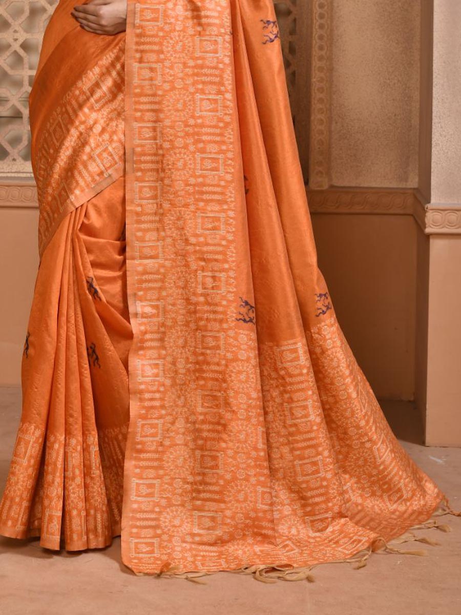 Orange Handloom Raw Silk Handwoven Casual Festival Heavy Border Saree