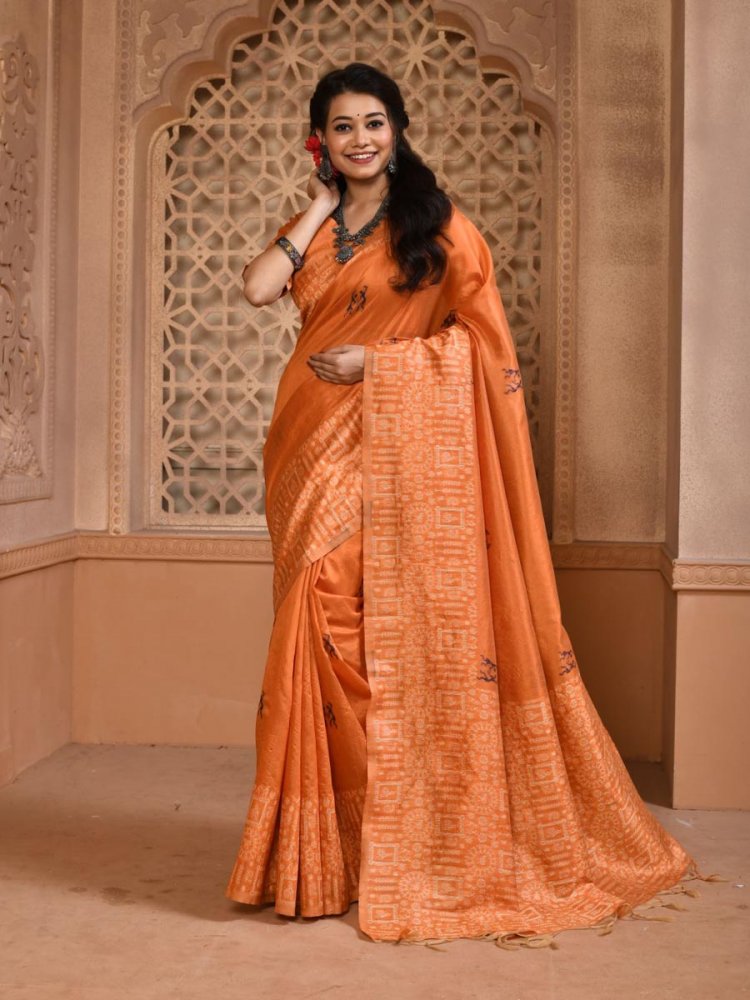 Orange Handloom Raw Silk Handwoven Casual Festival Heavy Border Saree