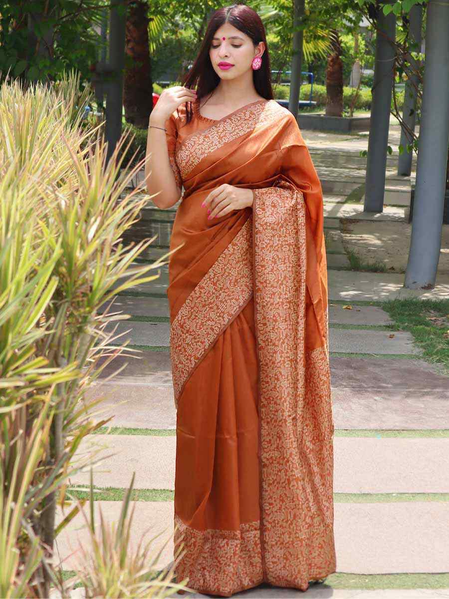 Orange Handloom Raw Silk Handwoven Wedding Festival Heavy Border Saree