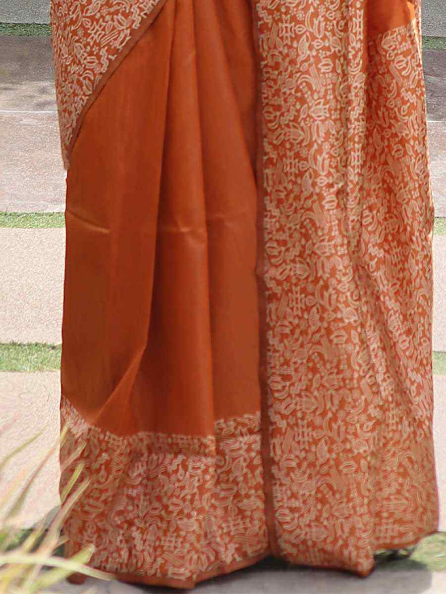 Orange Handloom Raw Silk Handwoven Wedding Festival Heavy Border Saree