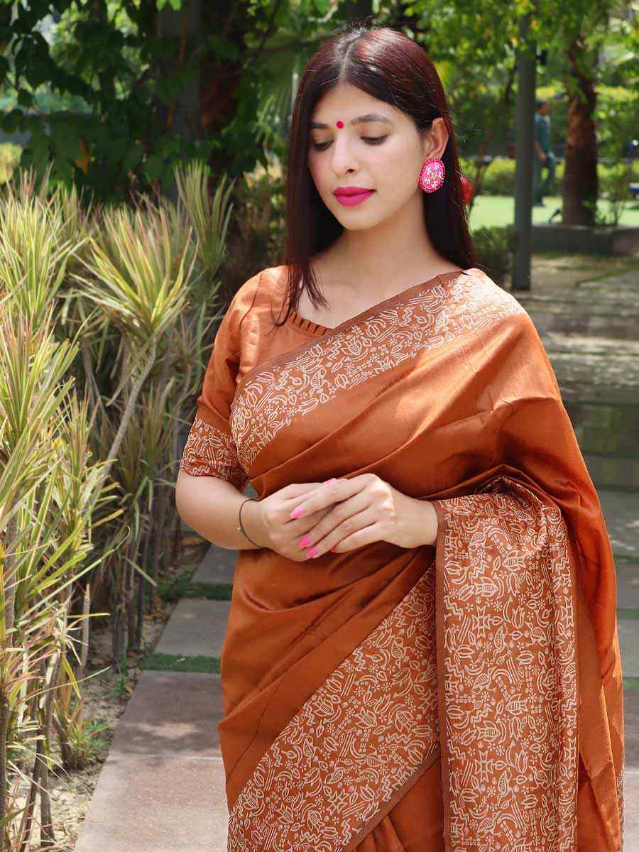 Orange Handloom Raw Silk Handwoven Wedding Festival Heavy Border Saree
