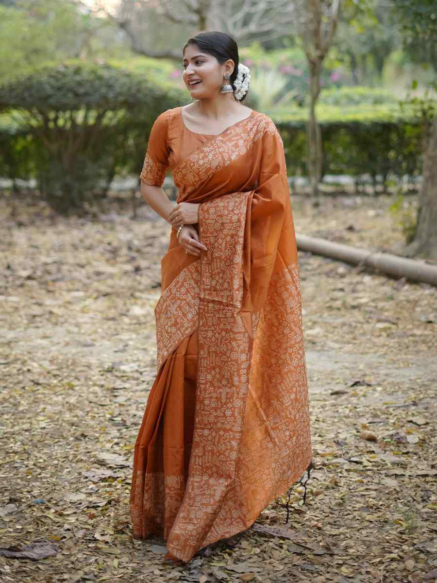 Orange Handloom Raw Silk Printed Festival Wedding Fancy Heavy Border Saree
