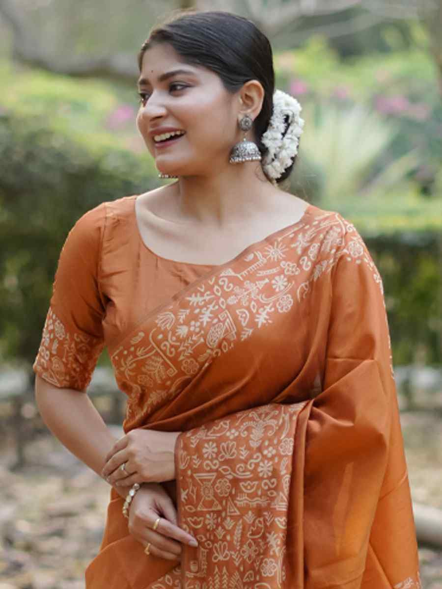 Orange Handloom Raw Silk Printed Festival Wedding Fancy Heavy Border Saree