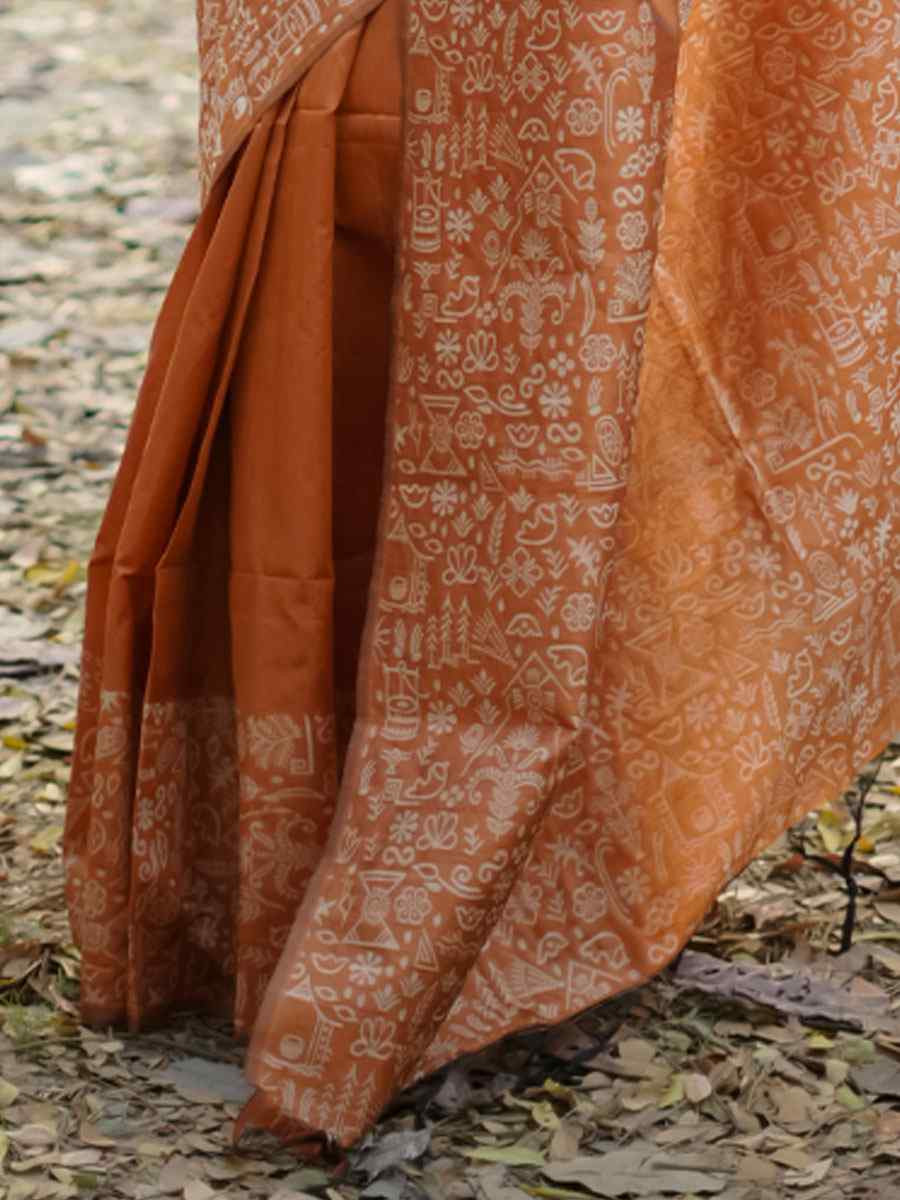 Orange Handloom Raw Silk Printed Festival Wedding Fancy Heavy Border Saree