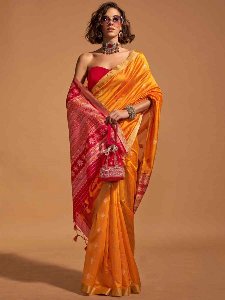 Orange Handloom Silk Handwoven Casual Festival Classic Style Saree