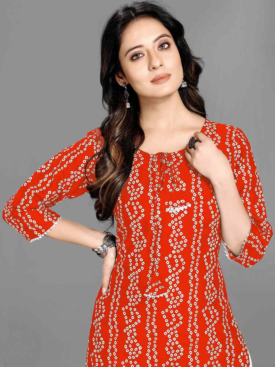 Orange Heavy 14 kg Rayon Printed Casual Festival Kurti