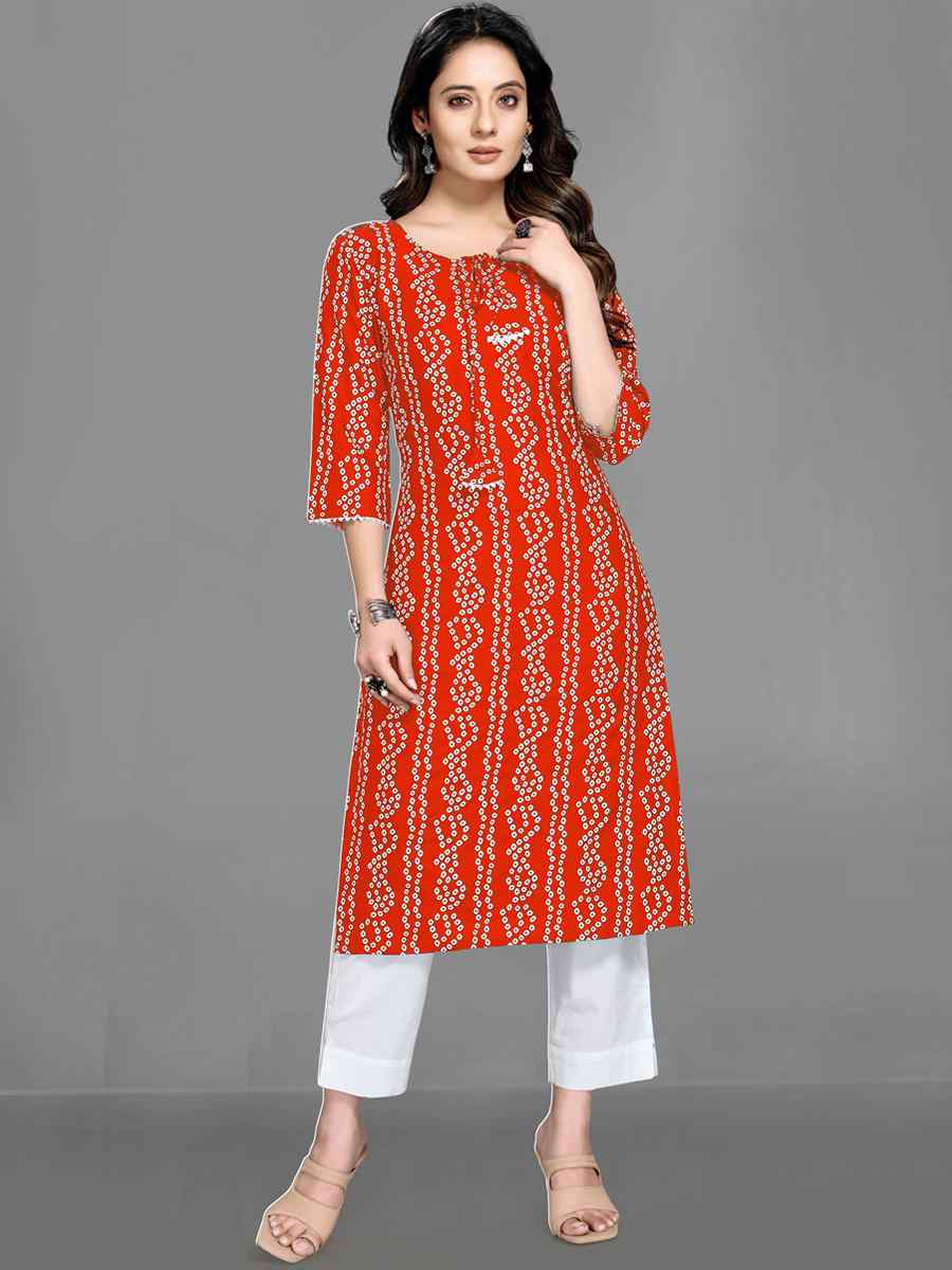 Orange Heavy 14 kg Rayon Printed Casual Festival Kurti
