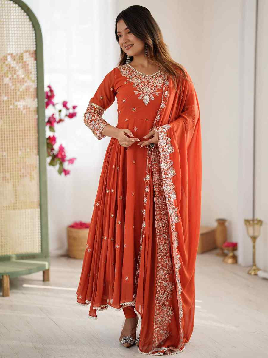 Orange Heavy Blooming Faux Georgette Printed Party Wedding Festival Casual Ready Anarkali Salwar Kameez