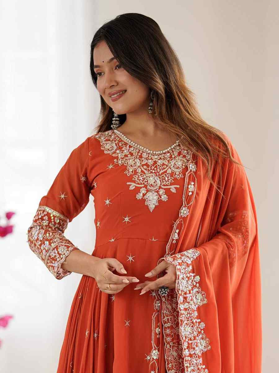 Orange Heavy Blooming Faux Georgette Printed Party Wedding Festival Casual Ready Anarkali Salwar Kameez