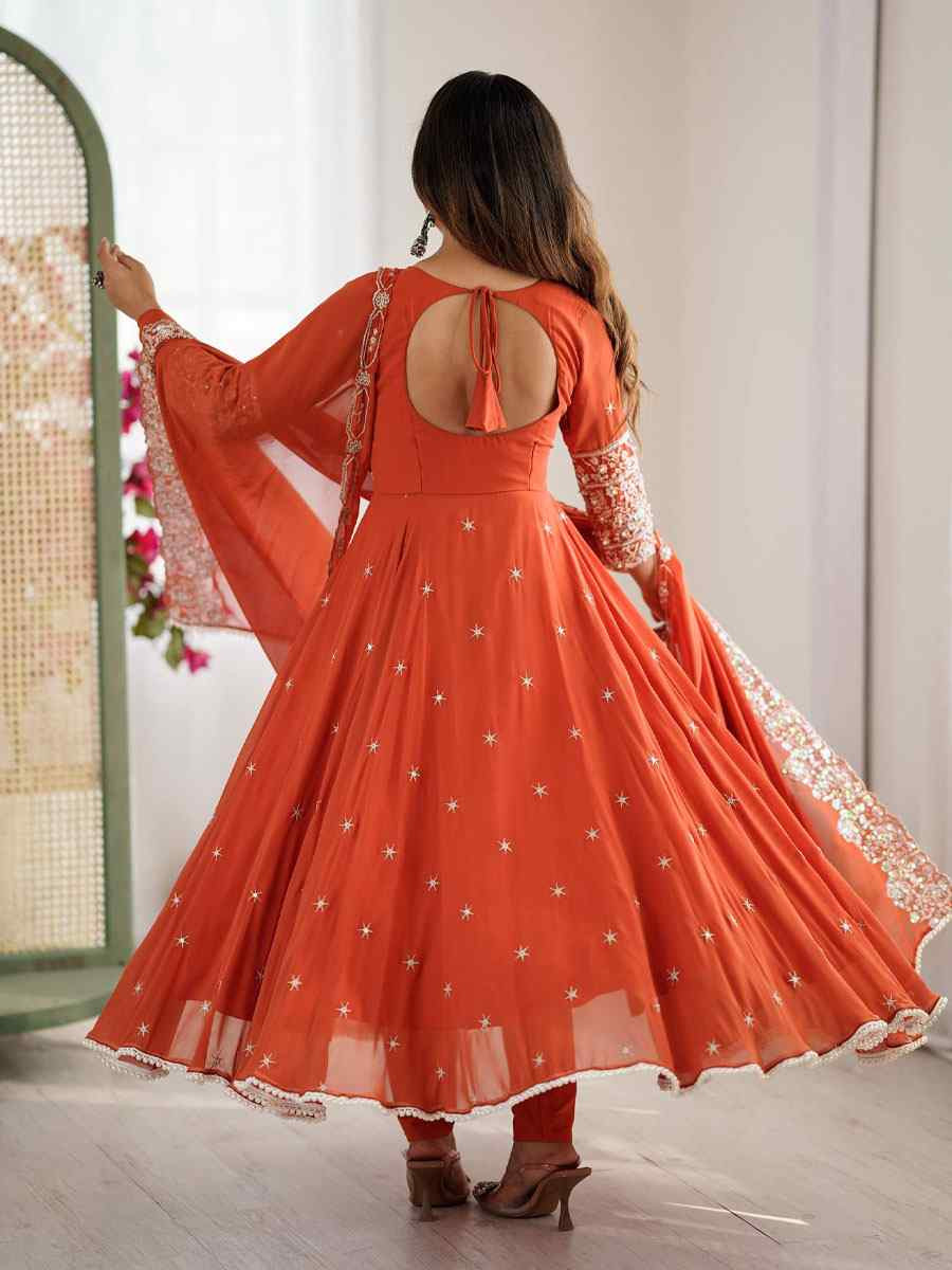 Orange Heavy Blooming Faux Georgette Printed Party Wedding Festival Casual Ready Anarkali Salwar Kameez