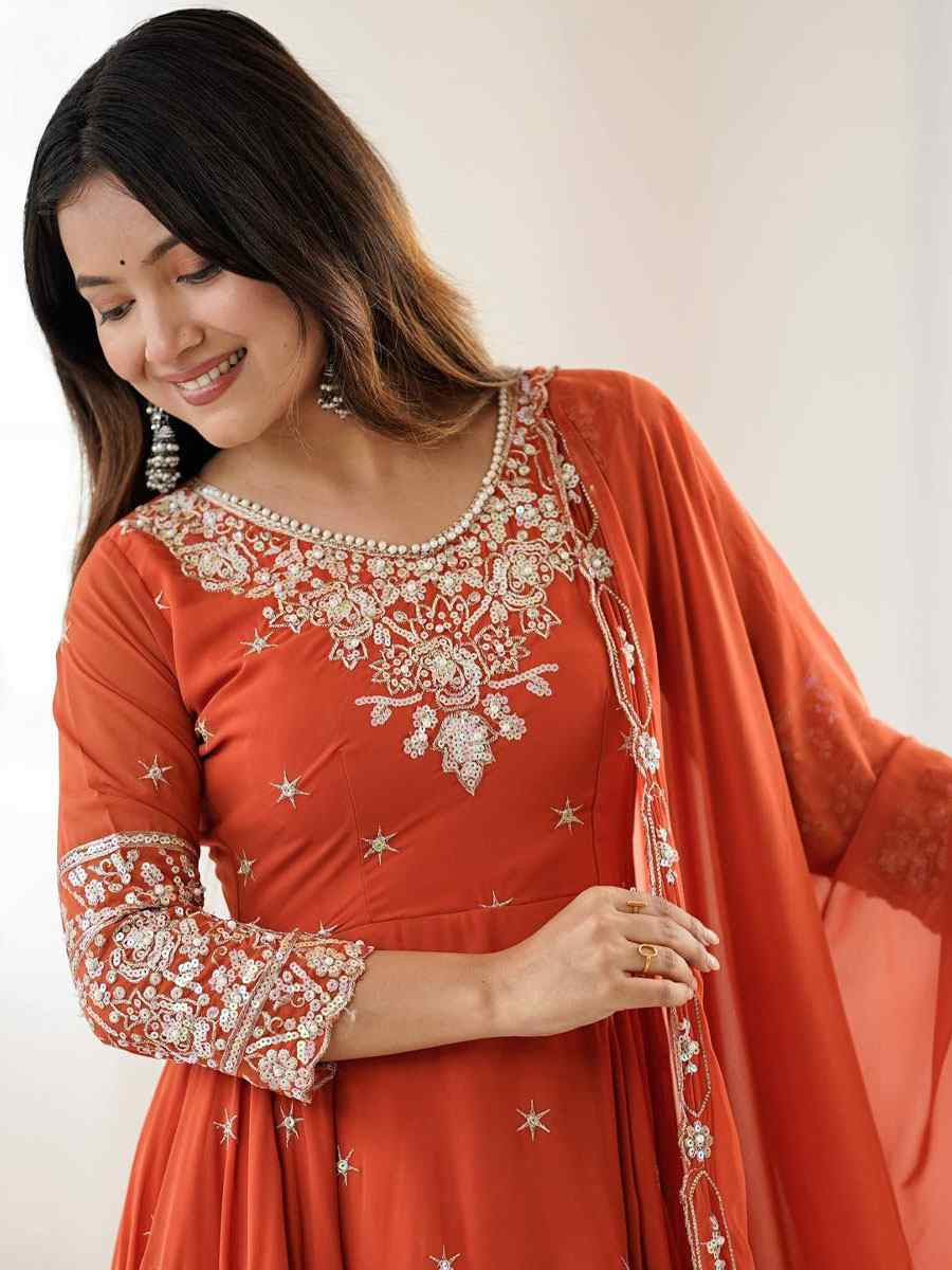 Orange Heavy Blooming Faux Georgette Printed Party Wedding Festival Casual Ready Anarkali Salwar Kameez