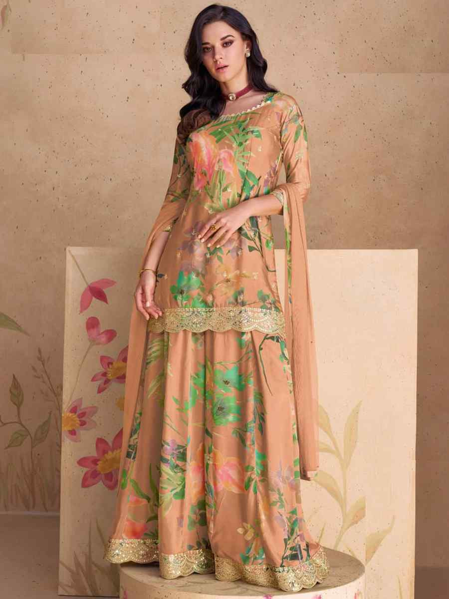 Orange Heavy Chinon Embroidered Festival Wedding Sharara Pant Salwar Kameez