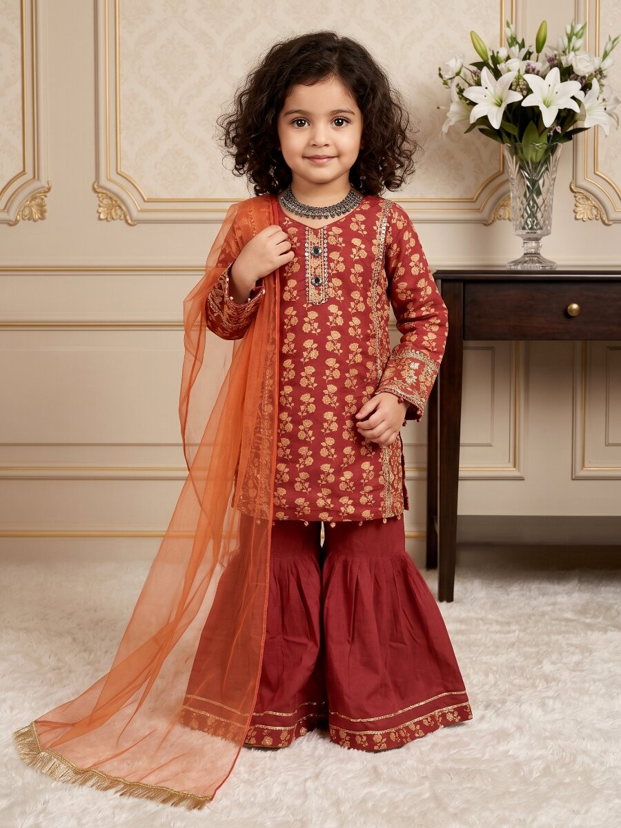 Orange Heavy chinon Embroidered Sequins Printed Ethnic Casual Festival Party Wedding Kurta Sharara Girls Wear