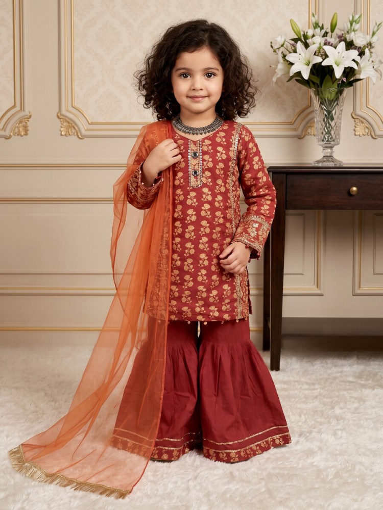 Image of Orange Heavy chinon Embroidered Sequins Printed Ethnic Casual Festival Party Wedding Kurta Sharara Girls Wear