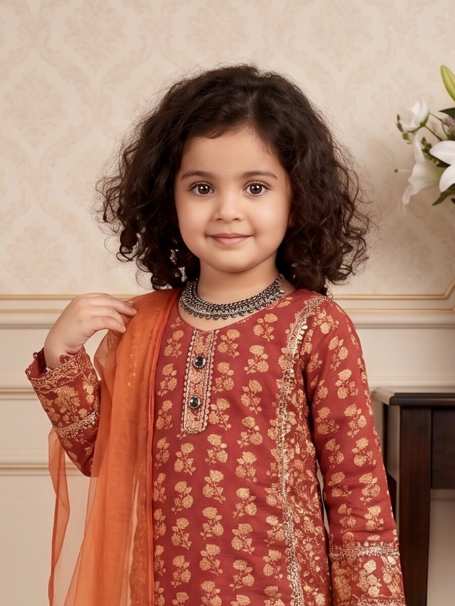 Orange Heavy chinon Embroidered Sequins Printed Ethnic Casual Festival Party Wedding Kurta Sharara Girls Wear