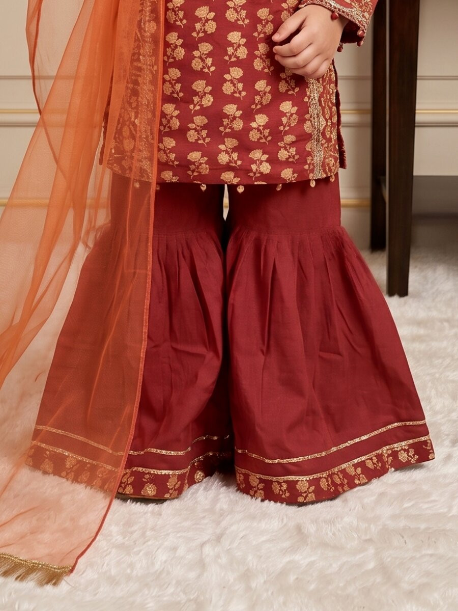 Orange Heavy chinon Embroidered Sequins Printed Ethnic Casual Festival Party Wedding Kurta Sharara Girls Wear