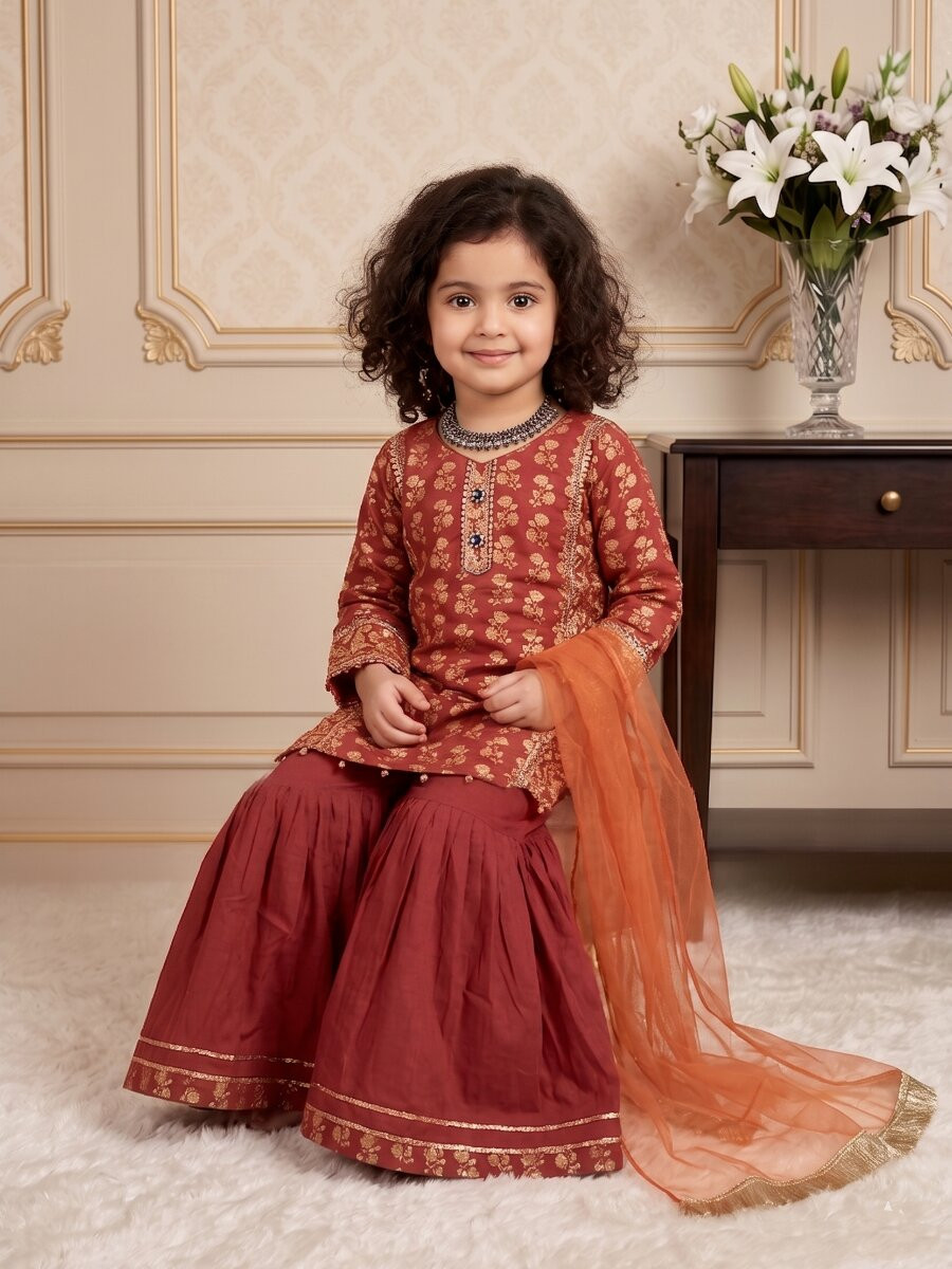 Orange Heavy chinon Embroidered Sequins Printed Ethnic Casual Festival Party Wedding Kurta Sharara Girls Wear