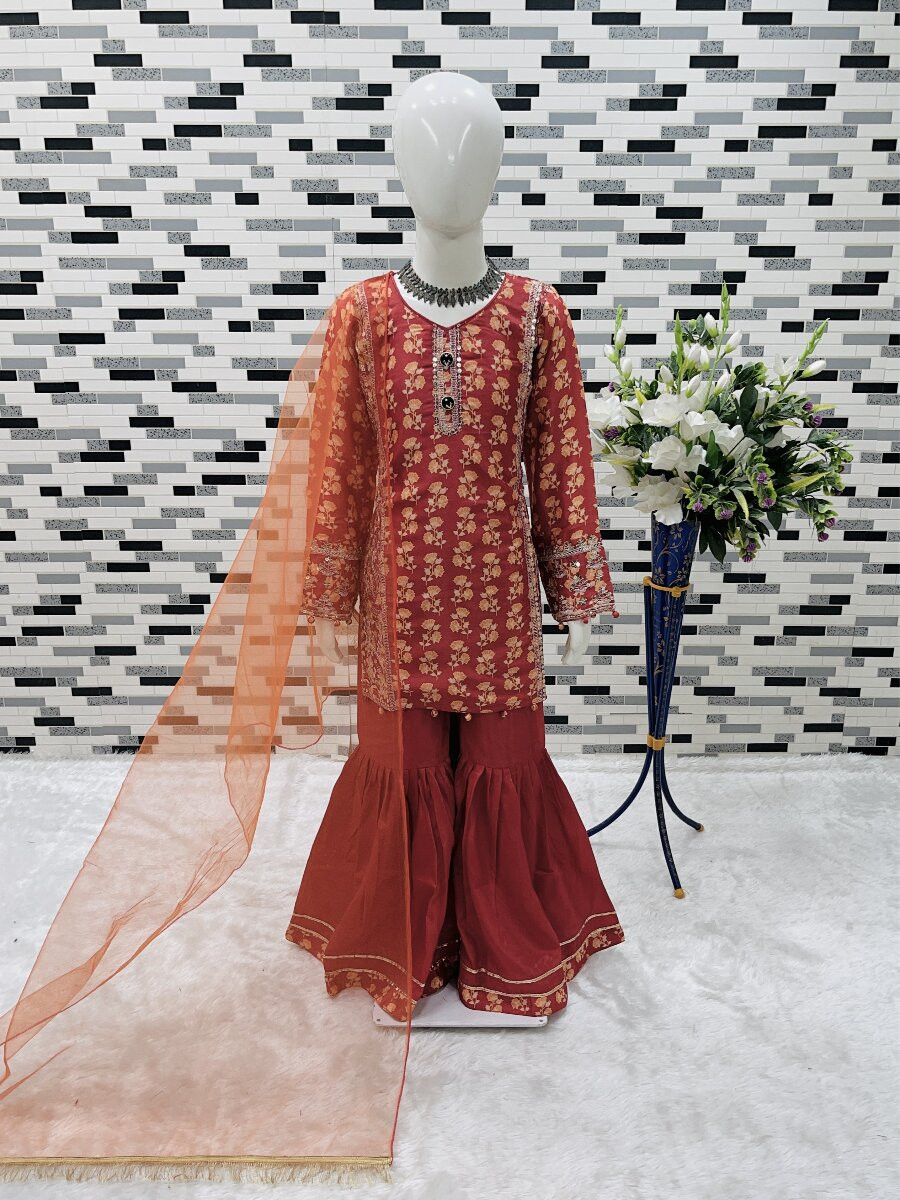 Orange Heavy chinon Embroidered Sequins Printed Ethnic Casual Festival Party Wedding Kurta Sharara Girls Wear