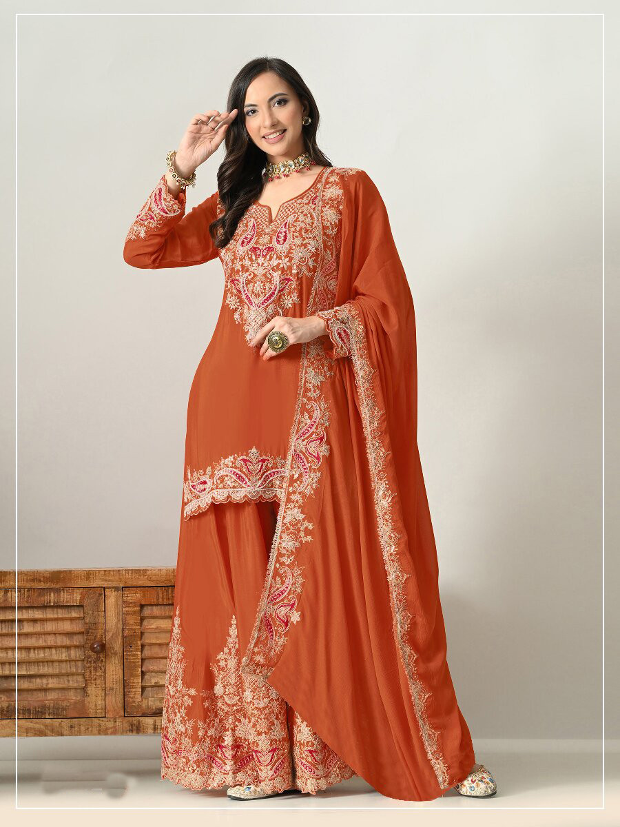 Orange Heavy Chinon Embroidery Sequins Wedding Party Festival Casual Palazzo Pant Salwar Kameez