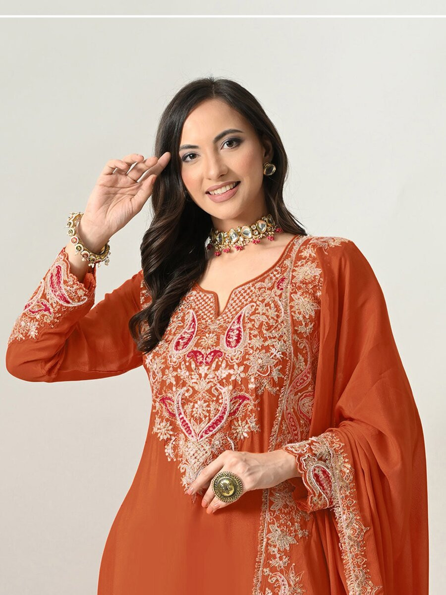 Orange Heavy Chinon Embroidery Sequins Wedding Party Festival Casual Palazzo Pant Salwar Kameez