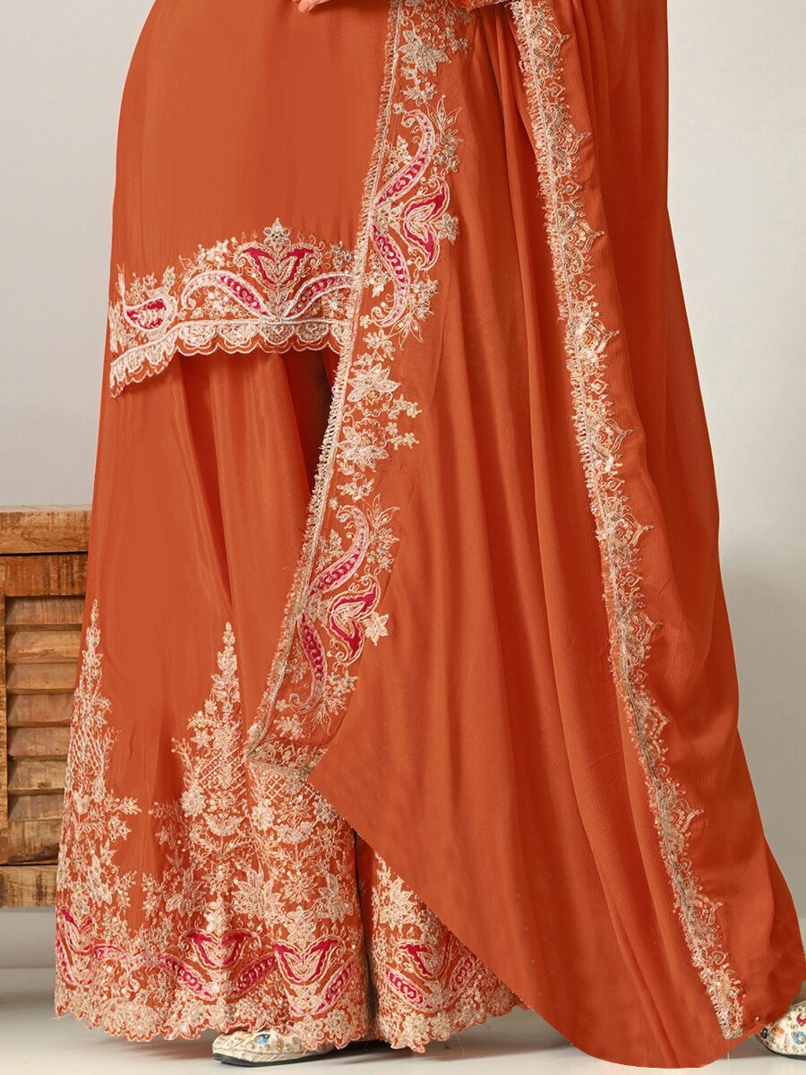 Orange Heavy Chinon Embroidery Sequins Wedding Party Festival Casual Palazzo Pant Salwar Kameez
