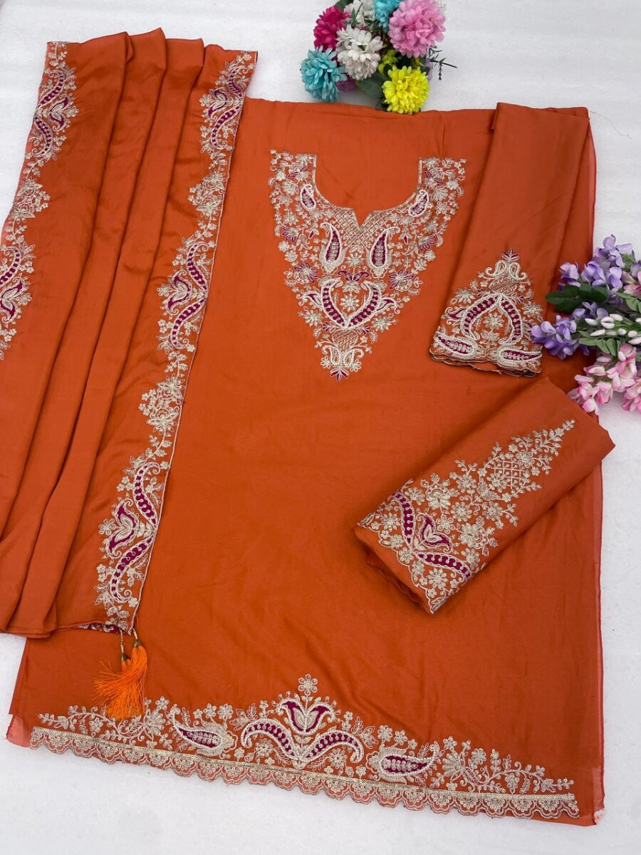 Orange Heavy Chinon Embroidery Sequins Wedding Party Festival Casual Palazzo Pant Salwar Kameez