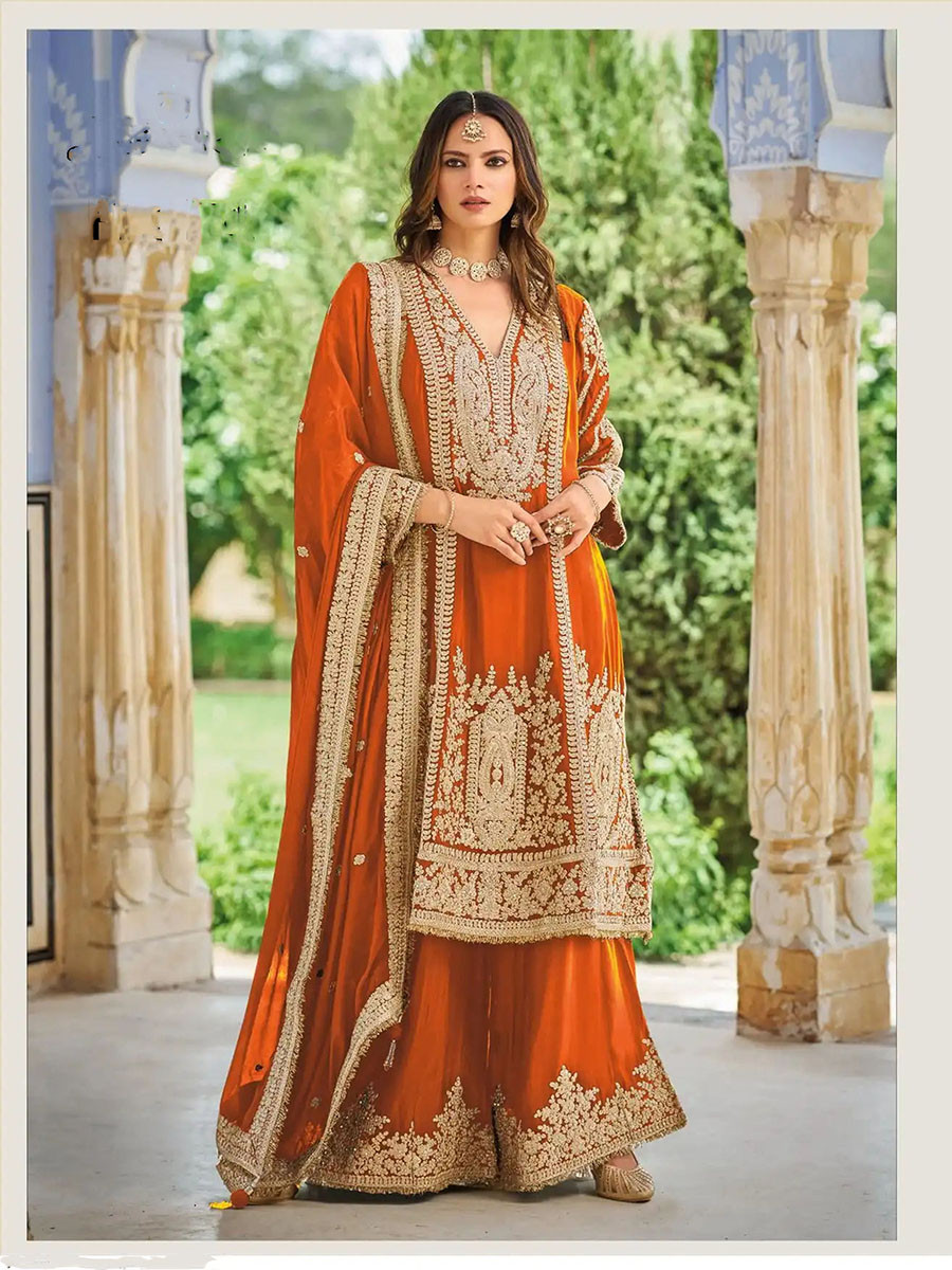 Orange Heavy Chinon Embroidery Sequins Zari Wedding Party Festival Casual Ready Palazzo Pant Salwar Kameez