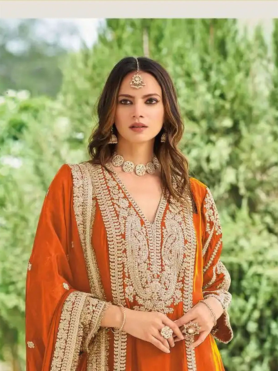 Orange Heavy Chinon Embroidery Sequins Zari Wedding Party Festival Casual Ready Palazzo Pant Salwar Kameez