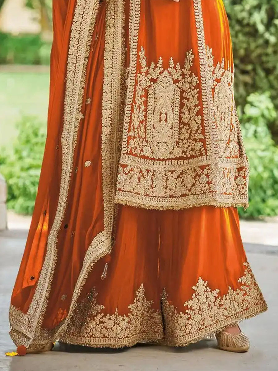 Orange Heavy Chinon Embroidery Sequins Zari Wedding Party Festival Casual Ready Palazzo Pant Salwar Kameez