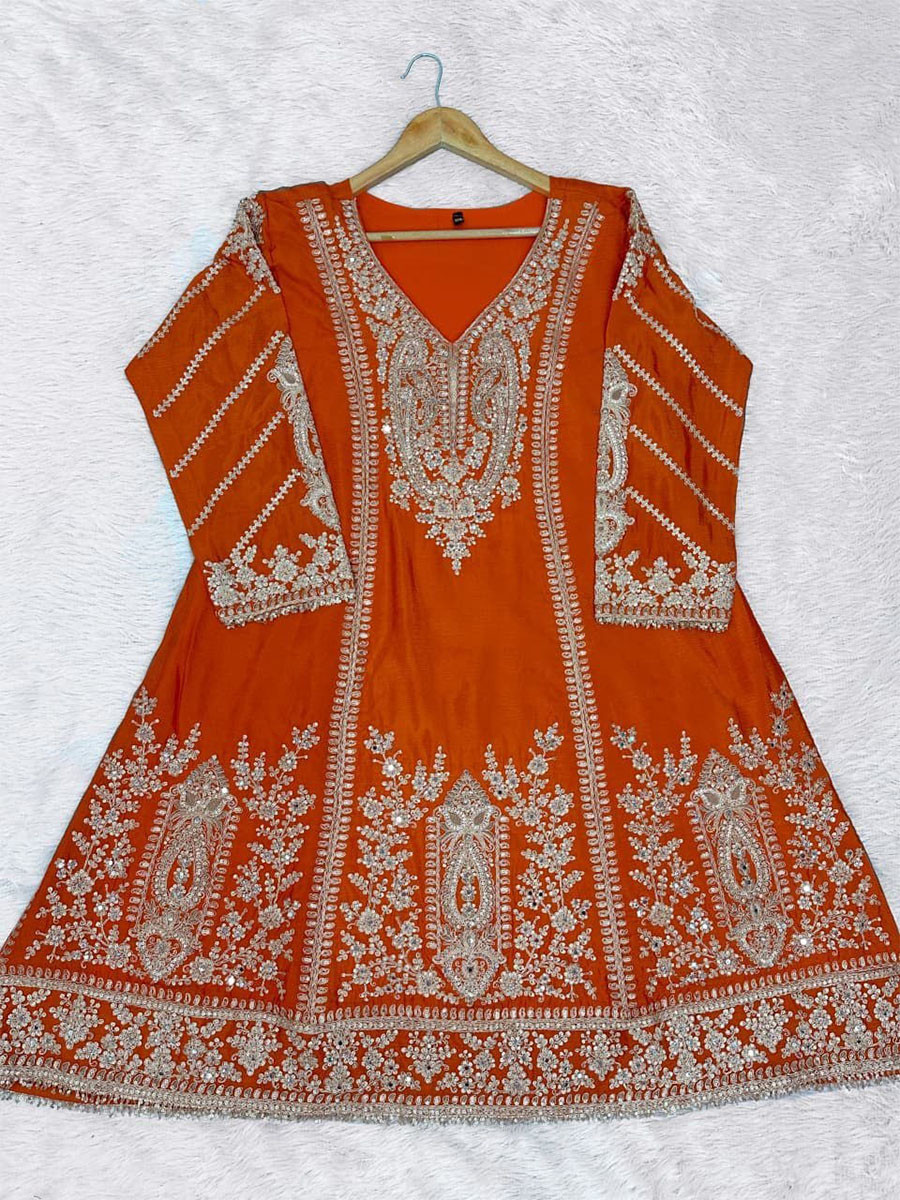 Orange Heavy Chinon Embroidery Sequins Zari Wedding Party Festival Casual Ready Palazzo Pant Salwar Kameez
