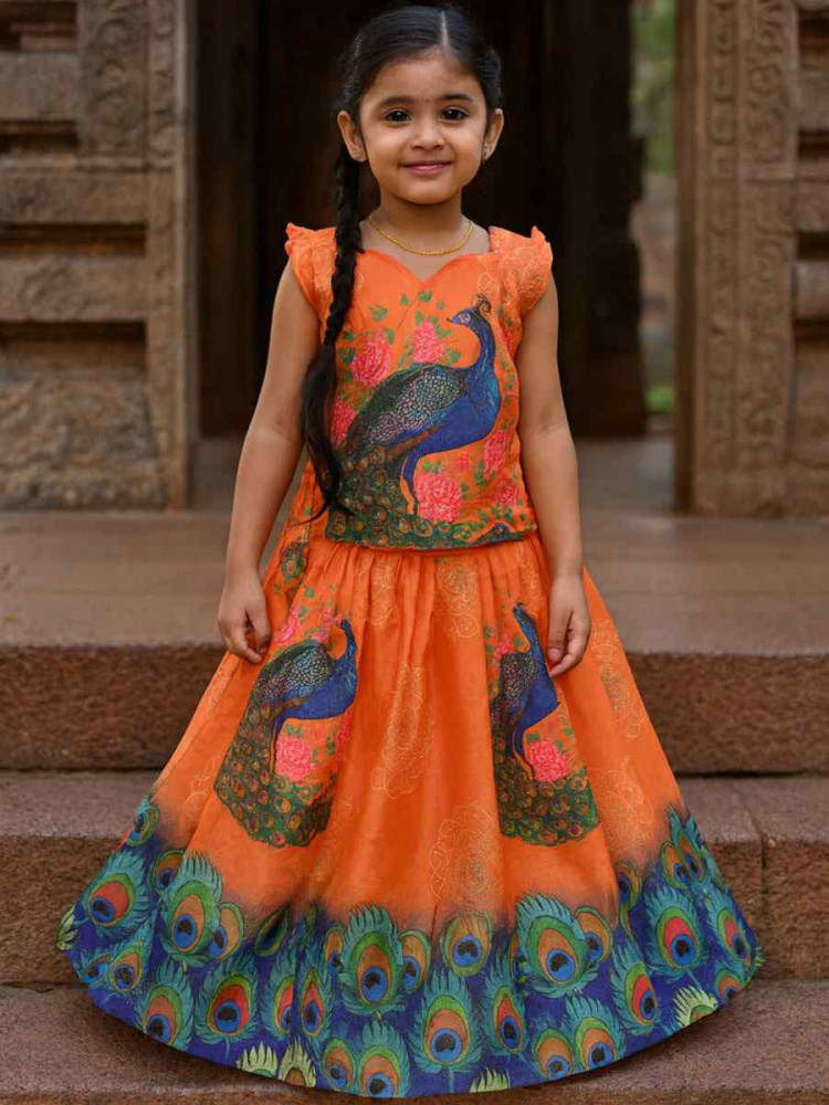 Image of Orange Heavy Chinon Printed Kids Wear Wedding Festival Lehengas Girls Wear
