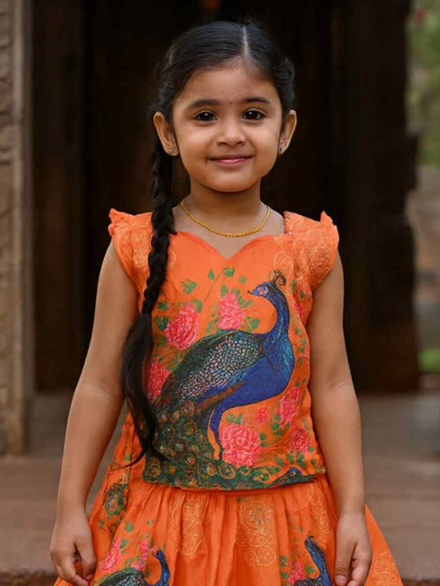 Orange Heavy Chinon Printed Kids Wear Wedding Festival Lehengas Girls Wear