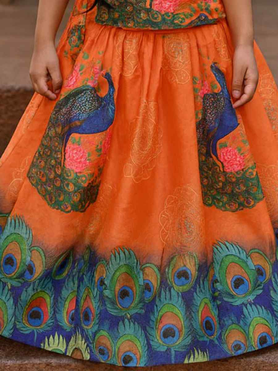 Orange Heavy Chinon Printed Kids Wear Wedding Festival Lehengas Girls Wear