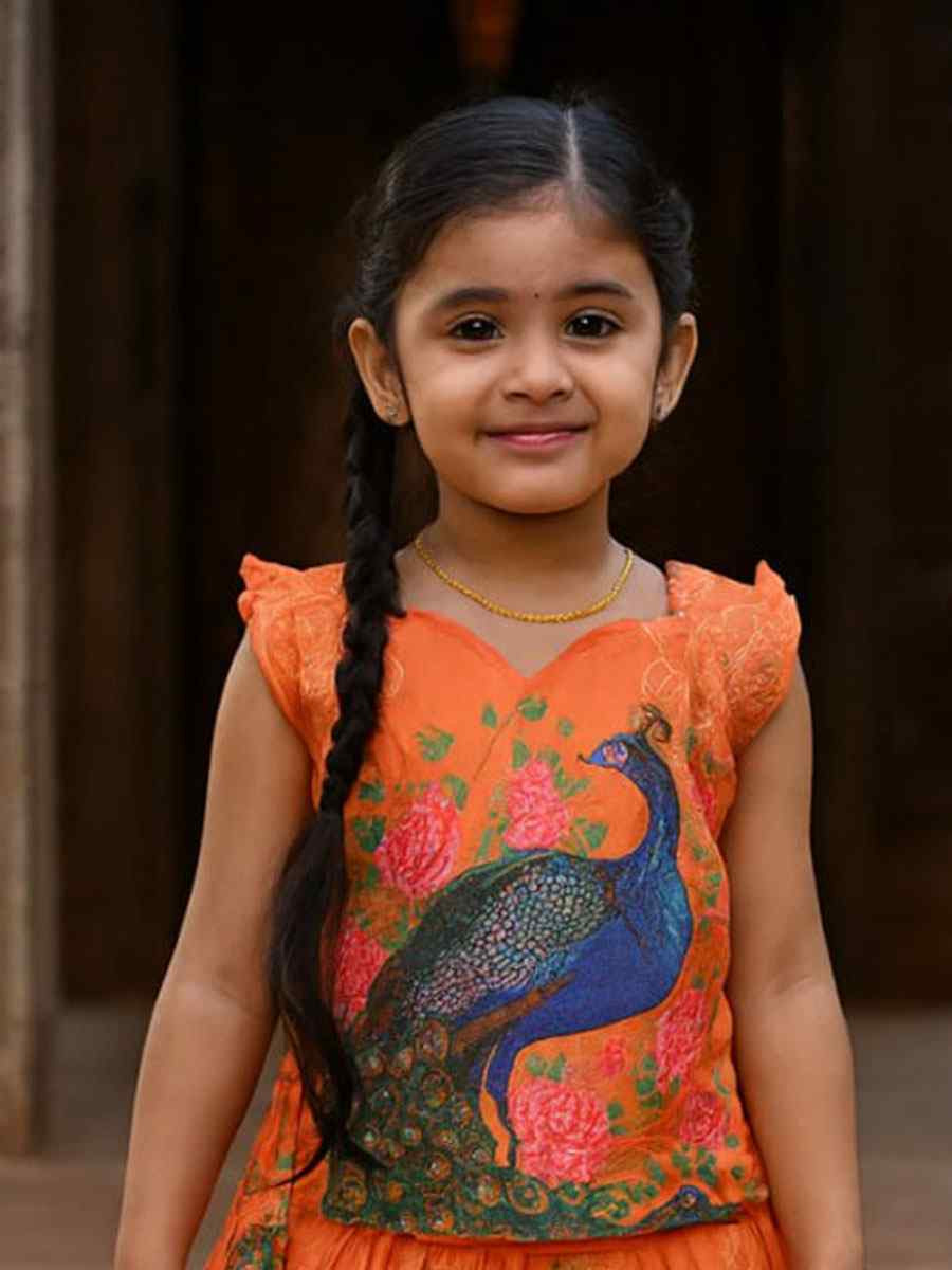Orange Heavy Chinon Printed Kids Wear Wedding Festival Lehengas Girls Wear