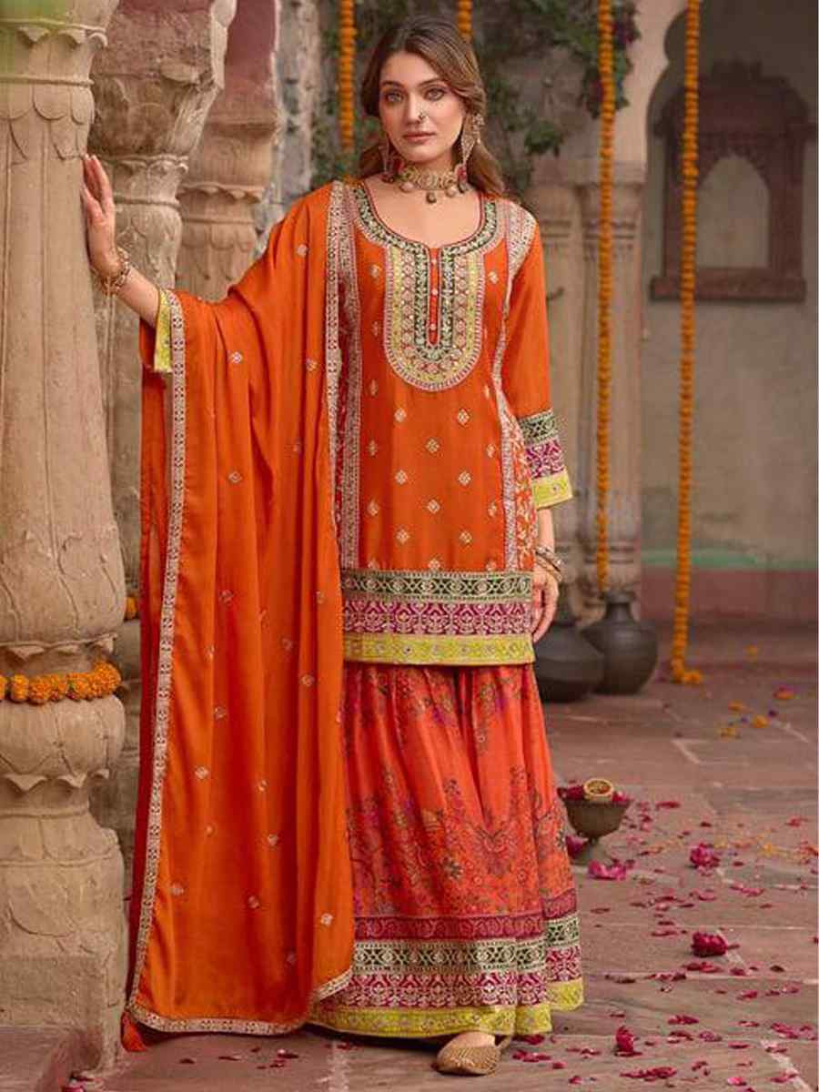 Orange Heavy Chinon Silk Embroidered Festival Mehendi Ready Sharara Salwar Kameez