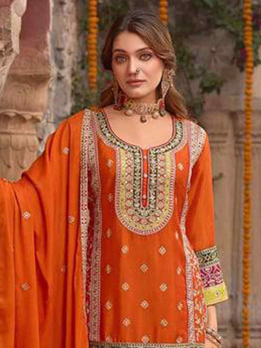 Orange Heavy Chinon Silk Embroidered Festival Mehendi Ready Sharara Salwar Kameez
