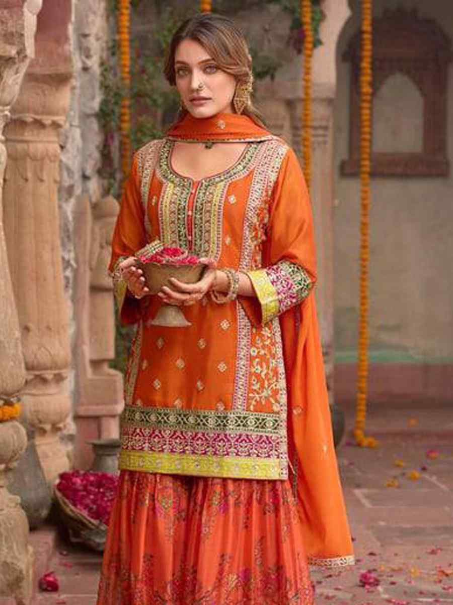 Orange Heavy Chinon Silk Embroidered Festival Mehendi Ready Sharara Salwar Kameez