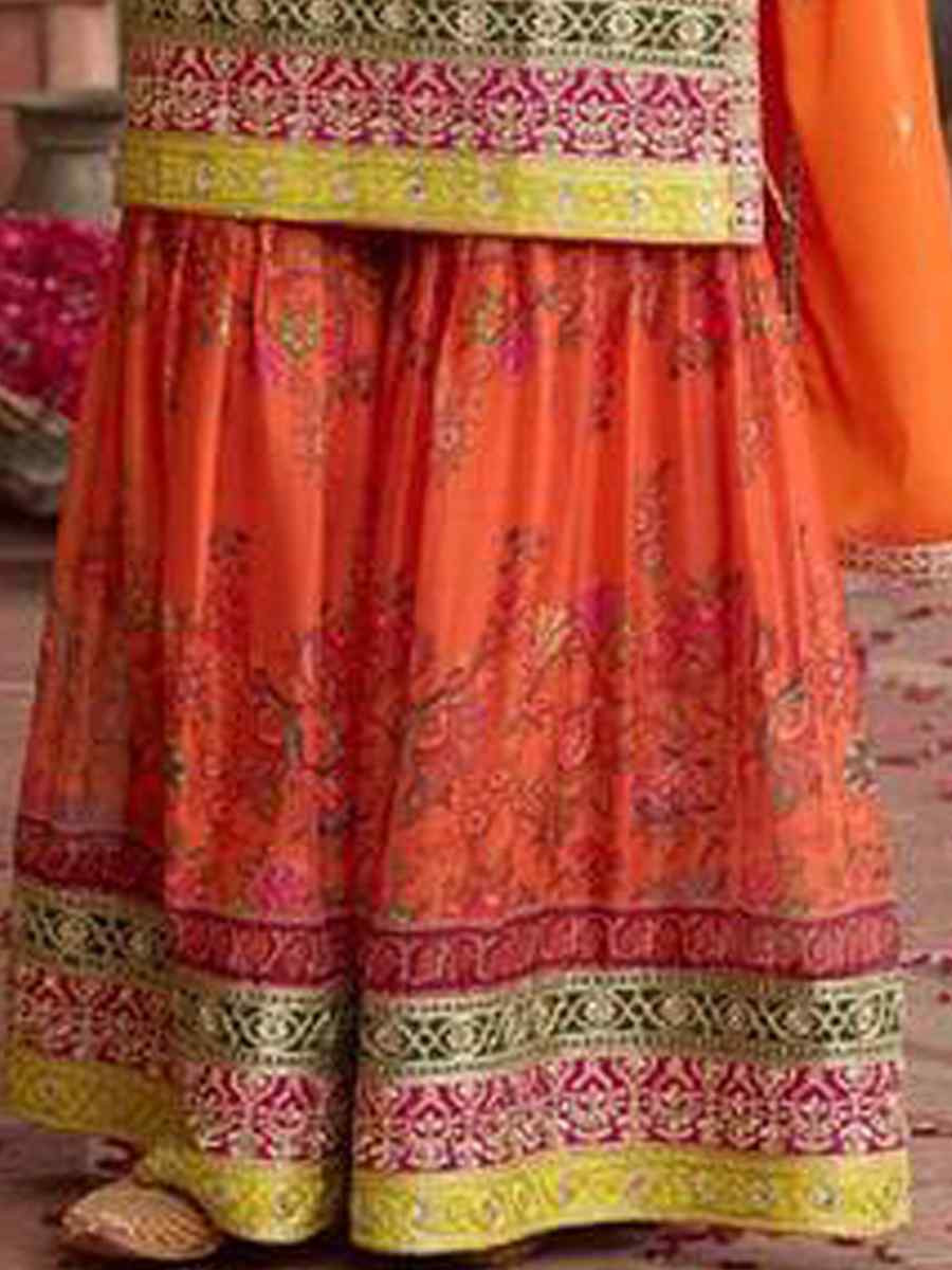 Orange Heavy Chinon Silk Embroidered Festival Mehendi Ready Sharara Salwar Kameez
