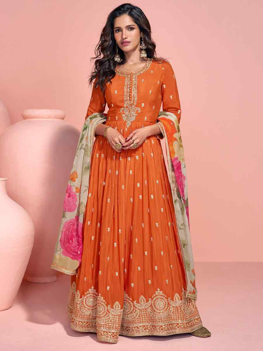 Orange Heavy Chinon Silk Embroidered Festival Party Gown