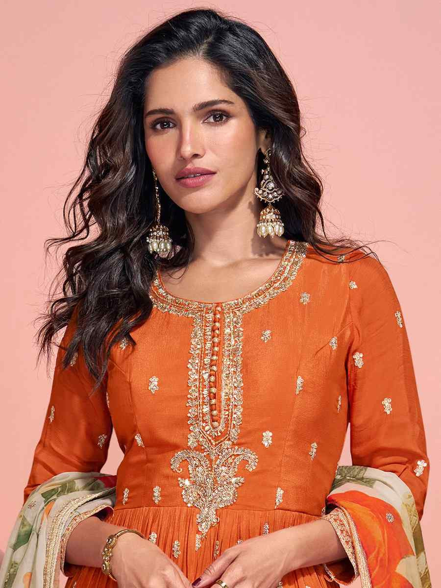 Orange Heavy Chinon Silk Embroidered Festival Party Gown