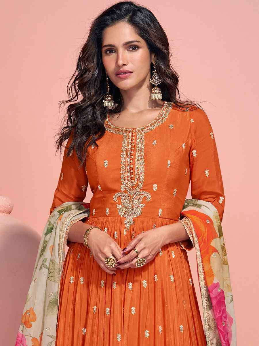 Orange Heavy Chinon Silk Embroidered Festival Party Gown