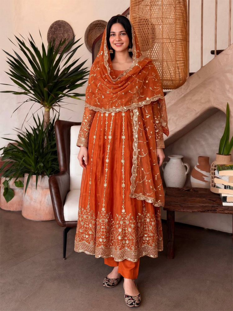 Image of Orange Heavy Fandy Silk Embroidery Sequins Zari Wedding Party Festival Casual Ready Anarkali Pant Salwar Kameez