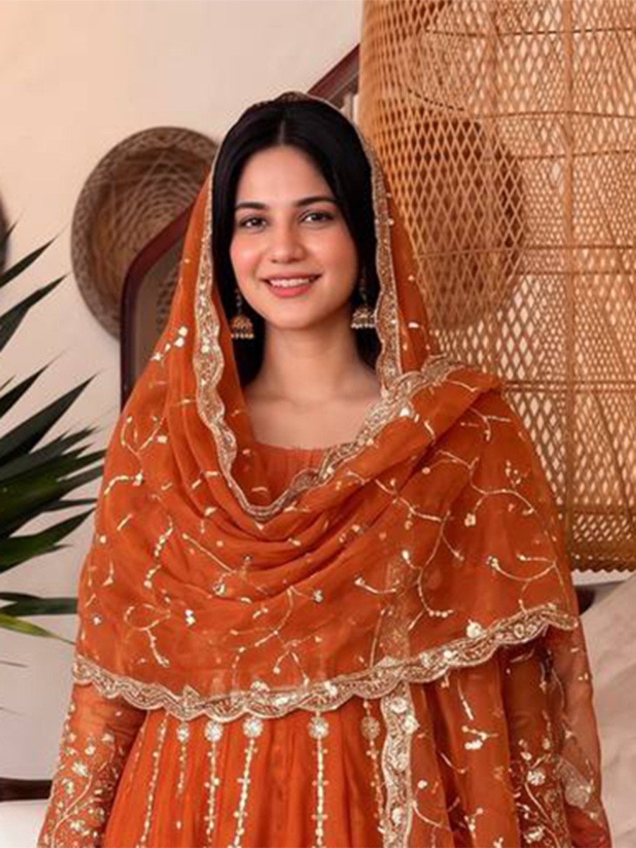 Orange Heavy Fandy Silk Embroidery Sequins Zari Wedding Party Festival Casual Ready Anarkali Pant Salwar Kameez