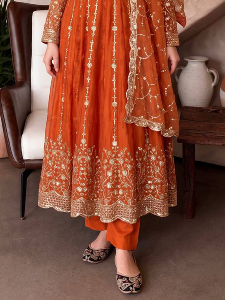 Orange Heavy Fandy Silk Embroidery Sequins Zari Wedding Party Festival Casual Ready Anarkali Pant Salwar Kameez